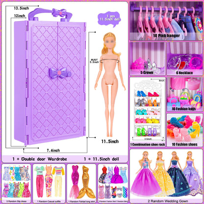 140 Pack 11.5-inch Doll & Closet Set — Fashion DIY Wardrobe Clothes & Accessories