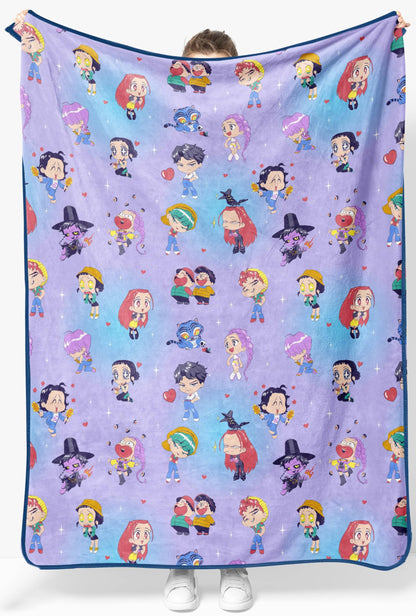 Saja Boys & Huntrix Chibi Plush Throw | K-Pop Demon Hunters Lavender Aesthetic Dorm Blanket