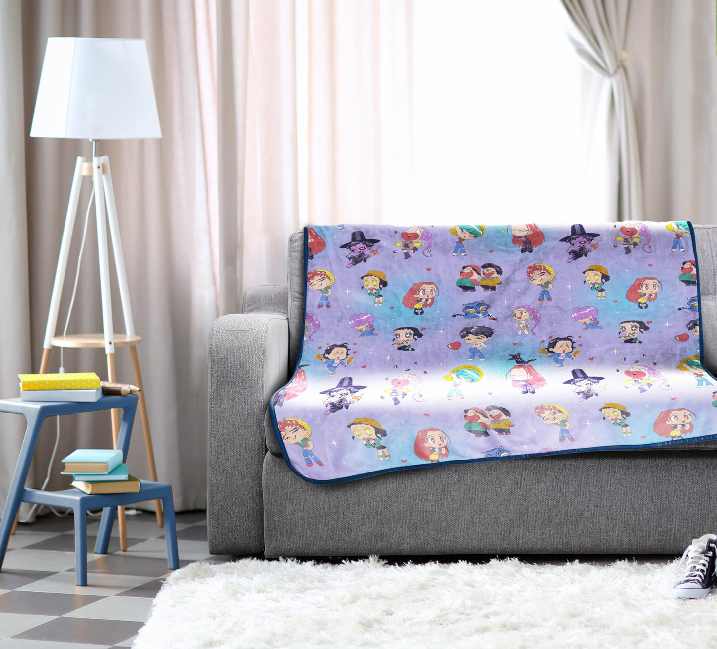 Saja Boys & Huntrix Chibi Plush Throw | K-Pop Demon Hunters Lavender Aesthetic Dorm Blanket