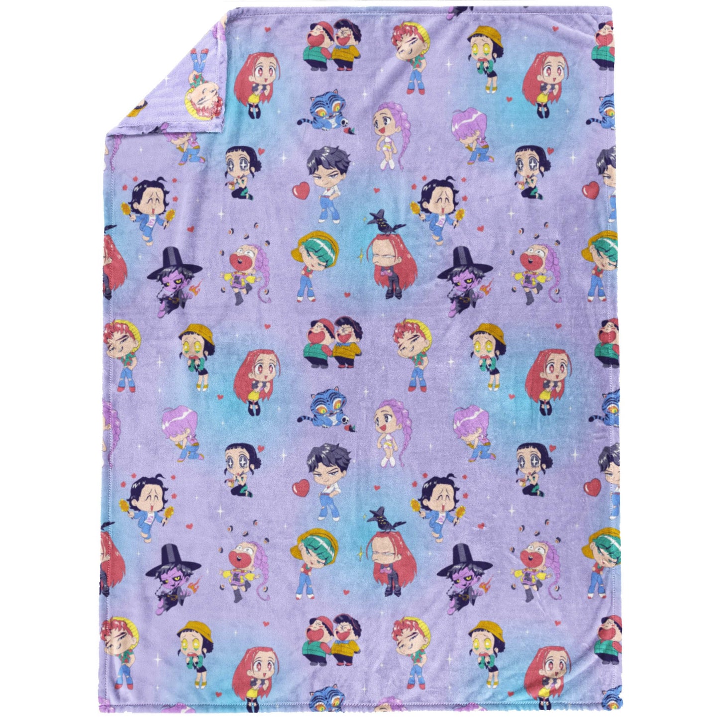 Saja Boys & Huntrix Chibi Plush Throw | K-Pop Demon Hunters Lavender Aesthetic Dorm Blanket