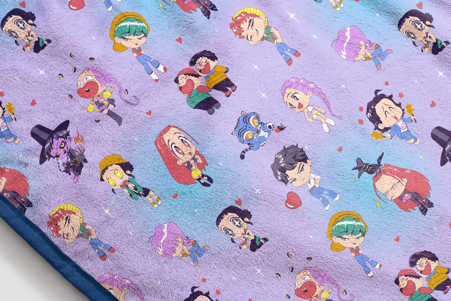 Saja Boys & Huntrix Chibi Plush Throw | K-Pop Demon Hunters Lavender Aesthetic Dorm Blanket