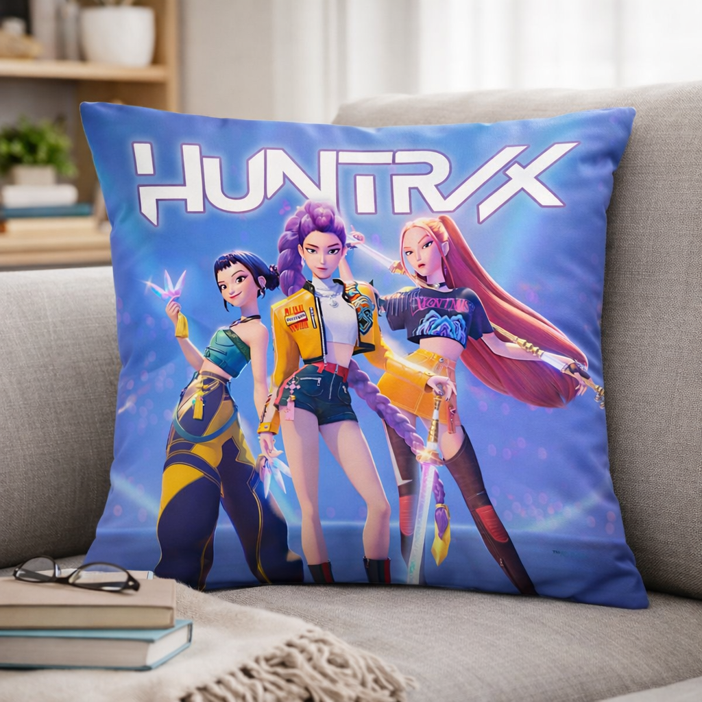 Huntrix throw pillow featuring Rumi, Zoey and Mira from K-Pop Demon Hunters