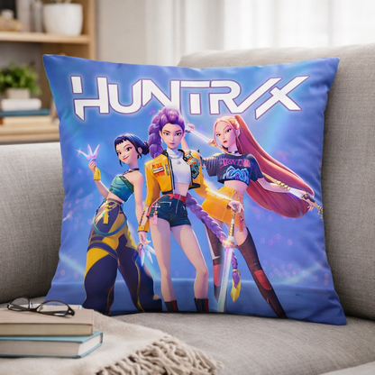 Huntrix throw pillow featuring Rumi, Zoey and Mira from K-Pop Demon Hunters