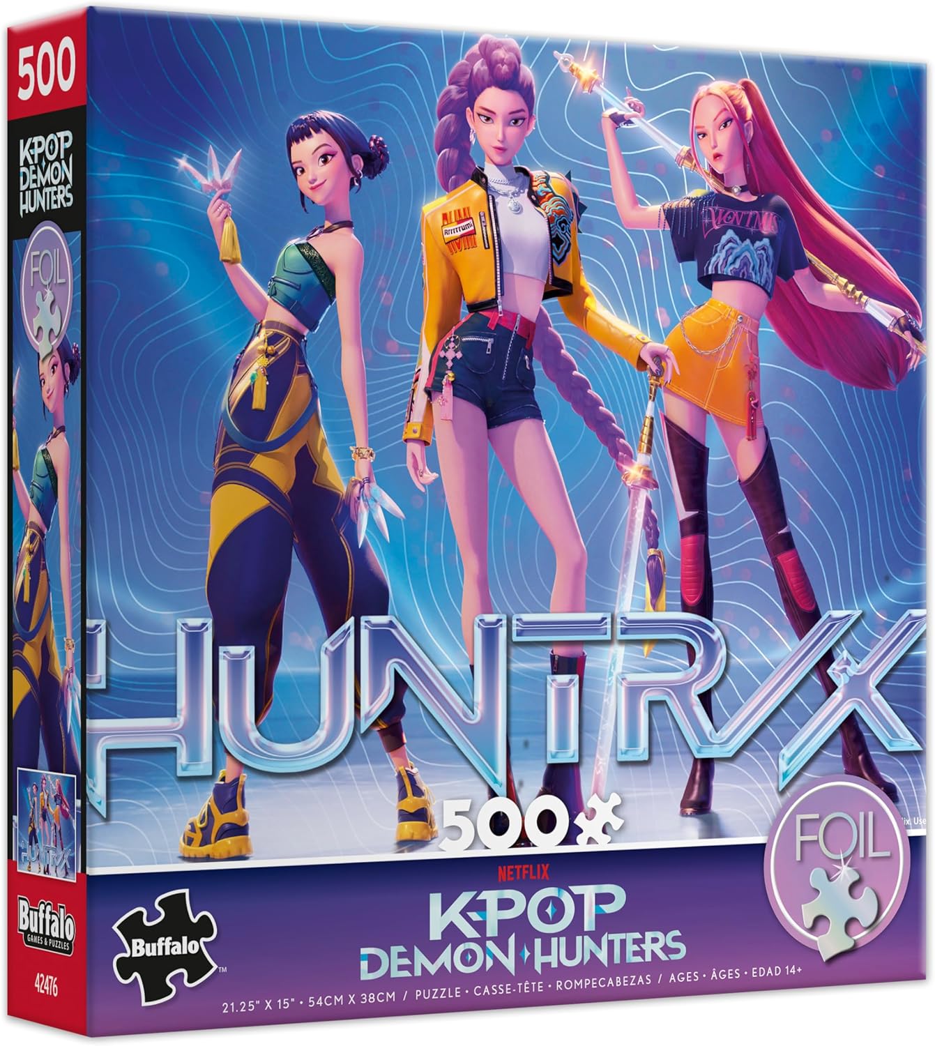 Official Buffalo Games K-Pop Demon Hunters 500-piece foil jigsaw puzzle featuring vibrant Huntrix character artwork with a shimmering metallic finish