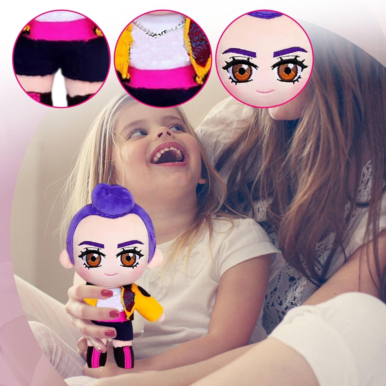 Close up of high-quality embroidered eyes and expression on the Rumi soft toy