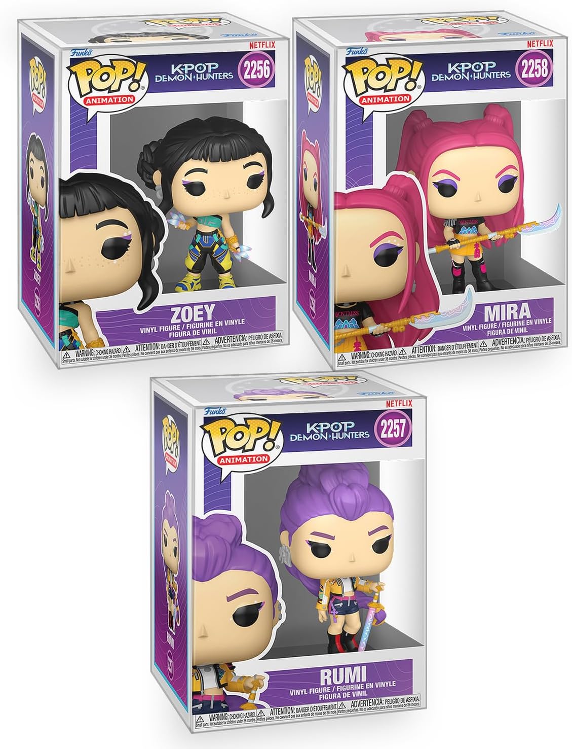 Funko Pop Huntr/x 3-pack Rumi Mira Zoey boxed set front with clear box protectors