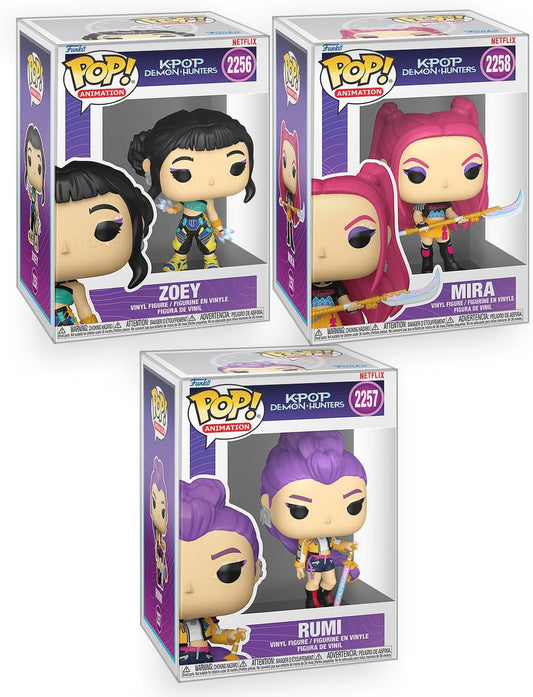 Funko Pop Huntr/x 3-pack Rumi Mira Zoey boxed set front with clear box protectors