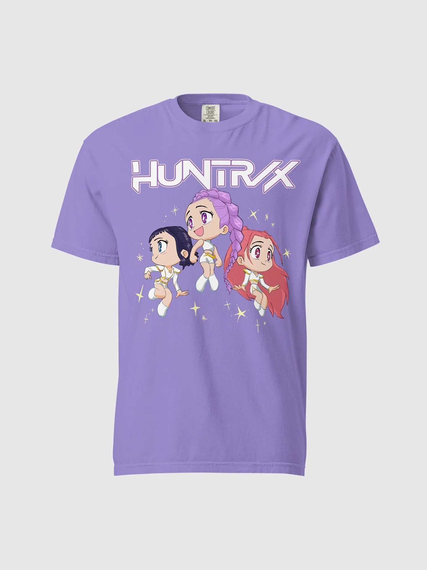 Front view of the official HUNTR/X tour t-shirt featuring a high-quality group portrait