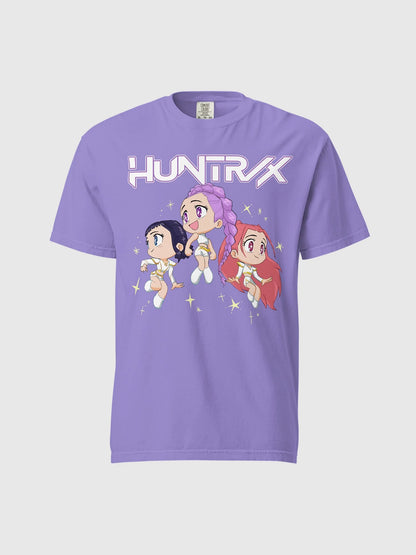 Front view of the official HUNTR/X tour t-shirt featuring a high-quality group portrait