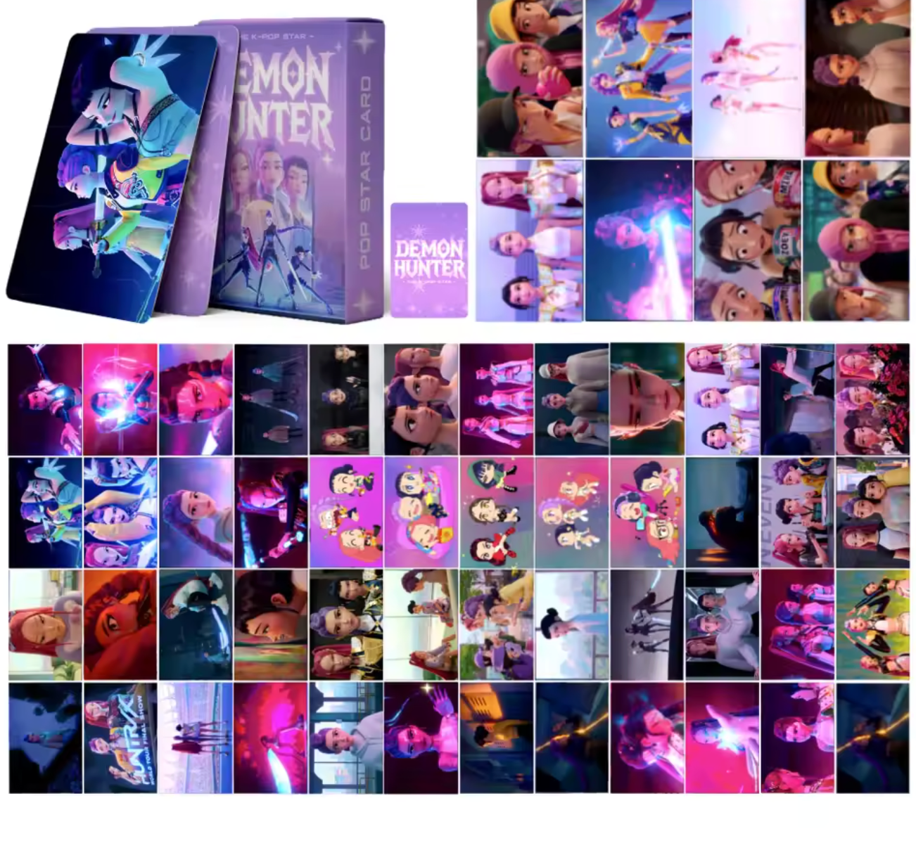 Close-up display of HUNTR/X members Rumi, Mira, and Zoey on premium coated LOMO cards from the Soul Energy collection