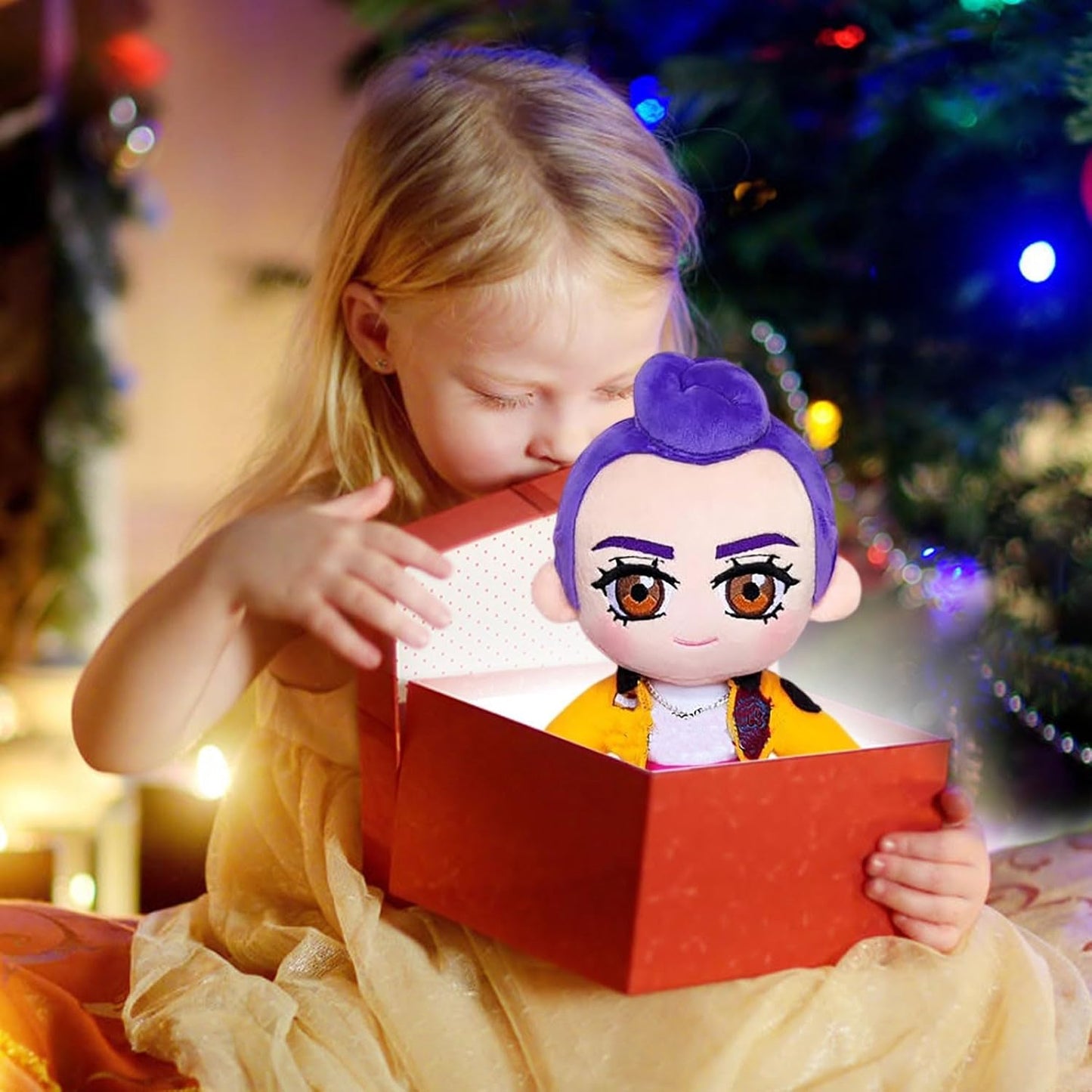 Rumi plush toy displayed on a shelf next to other Huntrix K-pop merchandise and albums