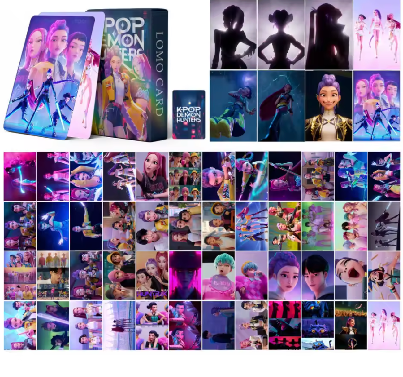 A spread of 55 unique, non-repeating K-Pop Demon Hunters HD photocards showcasing various character poses and stage outfits