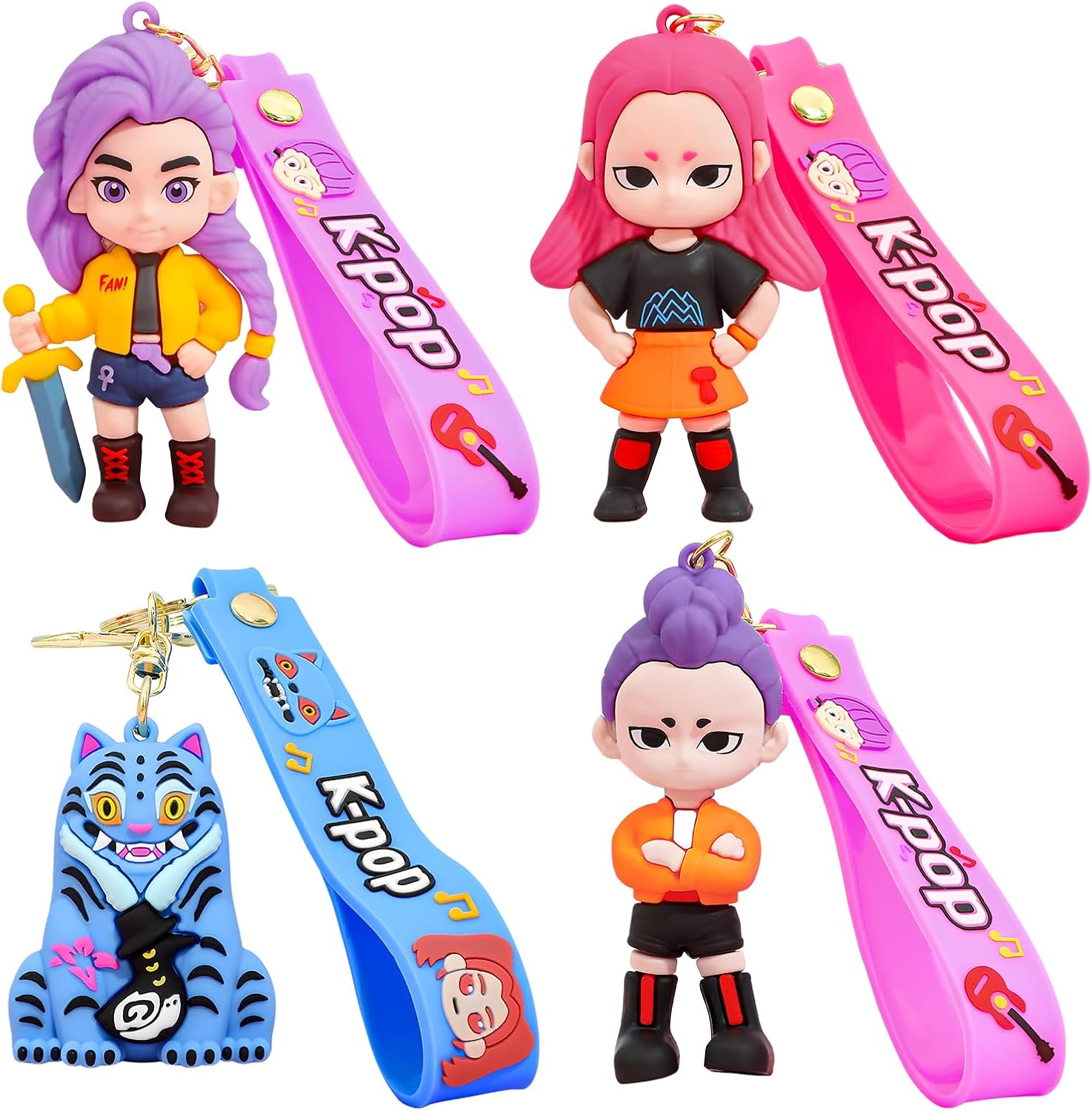 K pop Demon Hunters Keychain Set of 4, Cute Doll Figurine Collectible - Official Kpop Demon Hunters Merch for Fans, Bag Charm & Toys Gift
