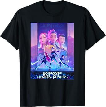 Black t-shirt featuring the official K-Pop Demon Hunters movie poster graphic with the Saja Boys and Huntrix members
