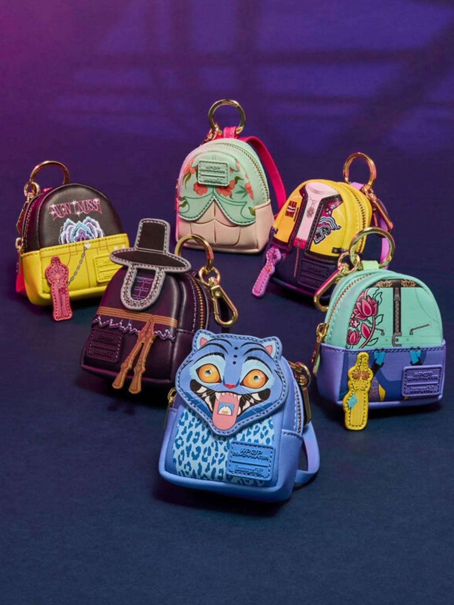 Full collection of 6 K-Pop Demon Hunters mystery mini backpack keychains including Derpy, Rumi, and Mira designs