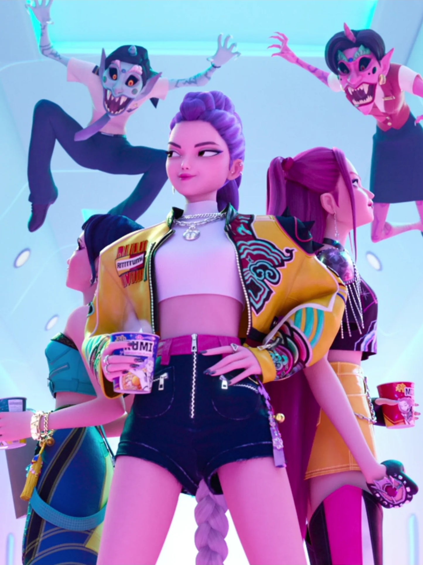 A model showcasing the oversized, relaxed fit of the Rumi yellow varsity jacket for a K-Pop idol aesthetic