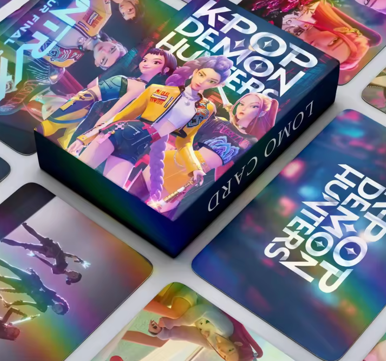 KPop Demon Hunters Soul Energy HD Photocard Box featuring a 55-piece non-repeating LOMO card set of Rumi, Mira, and Zoey