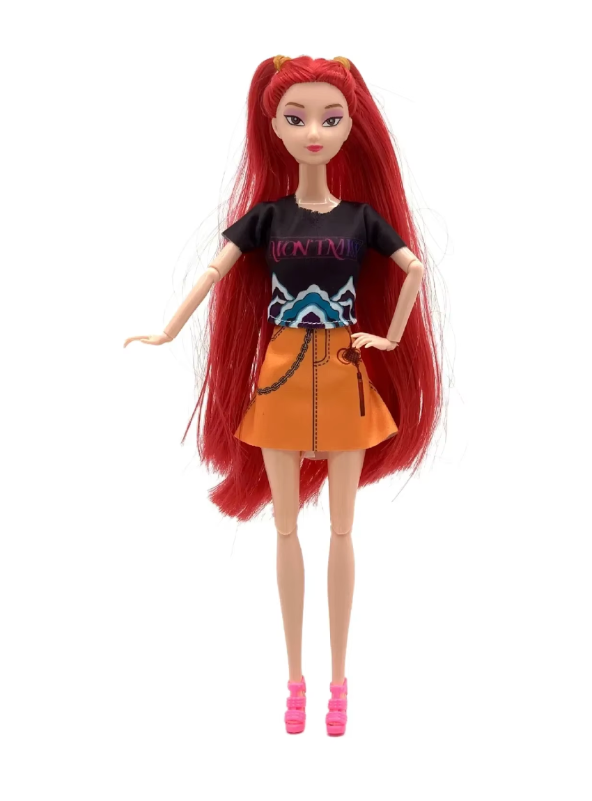 Mira Huntrix poseable fashion doll with red hair wearing black tee and orange skirt