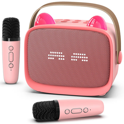 Purple mini karaoke machine for kids with two wireless microphones and leather handle