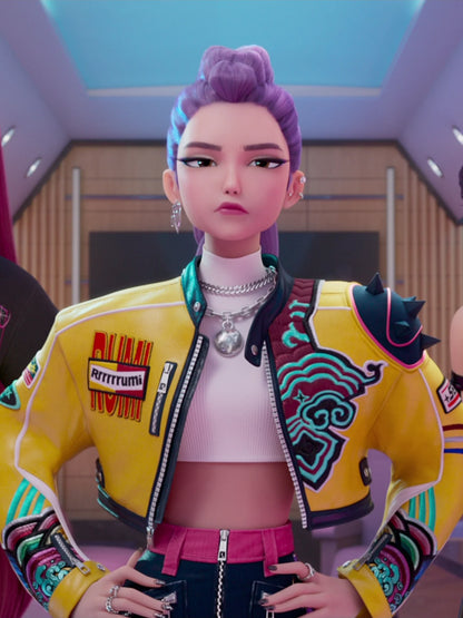 Close-up of the soft brushed fleece interior and high-quality stitching of the Rumi cosplay jacket