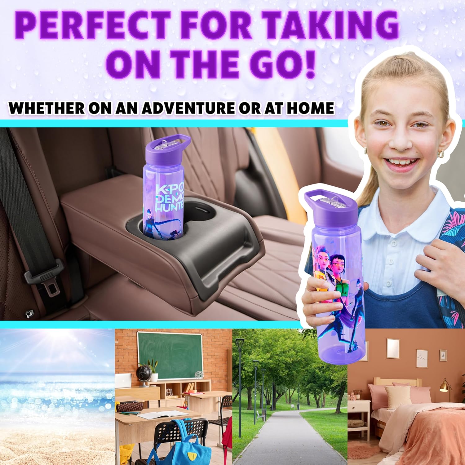 Rumi Huntrix 25oz water bottle showing full artwork and screw-on lid