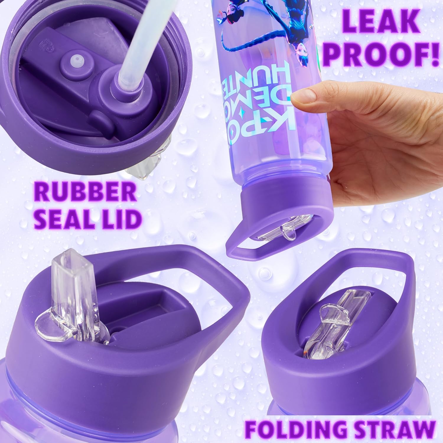 Rumi Huntrix water bottle with flip straw open — leak-proof design