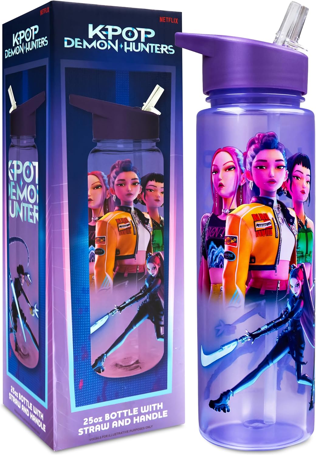 K-Pop Demon Hunters water bottle with straw and handle next to its packaging