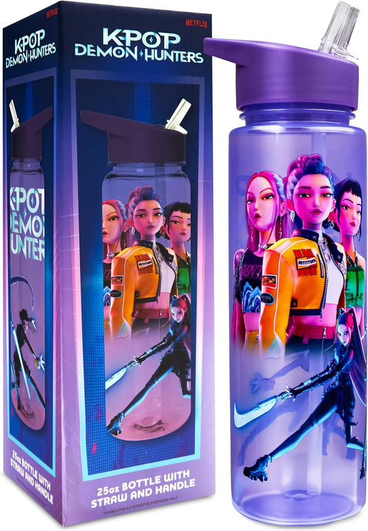 K-Pop Demon Hunters water bottle with straw and handle next to its packaging