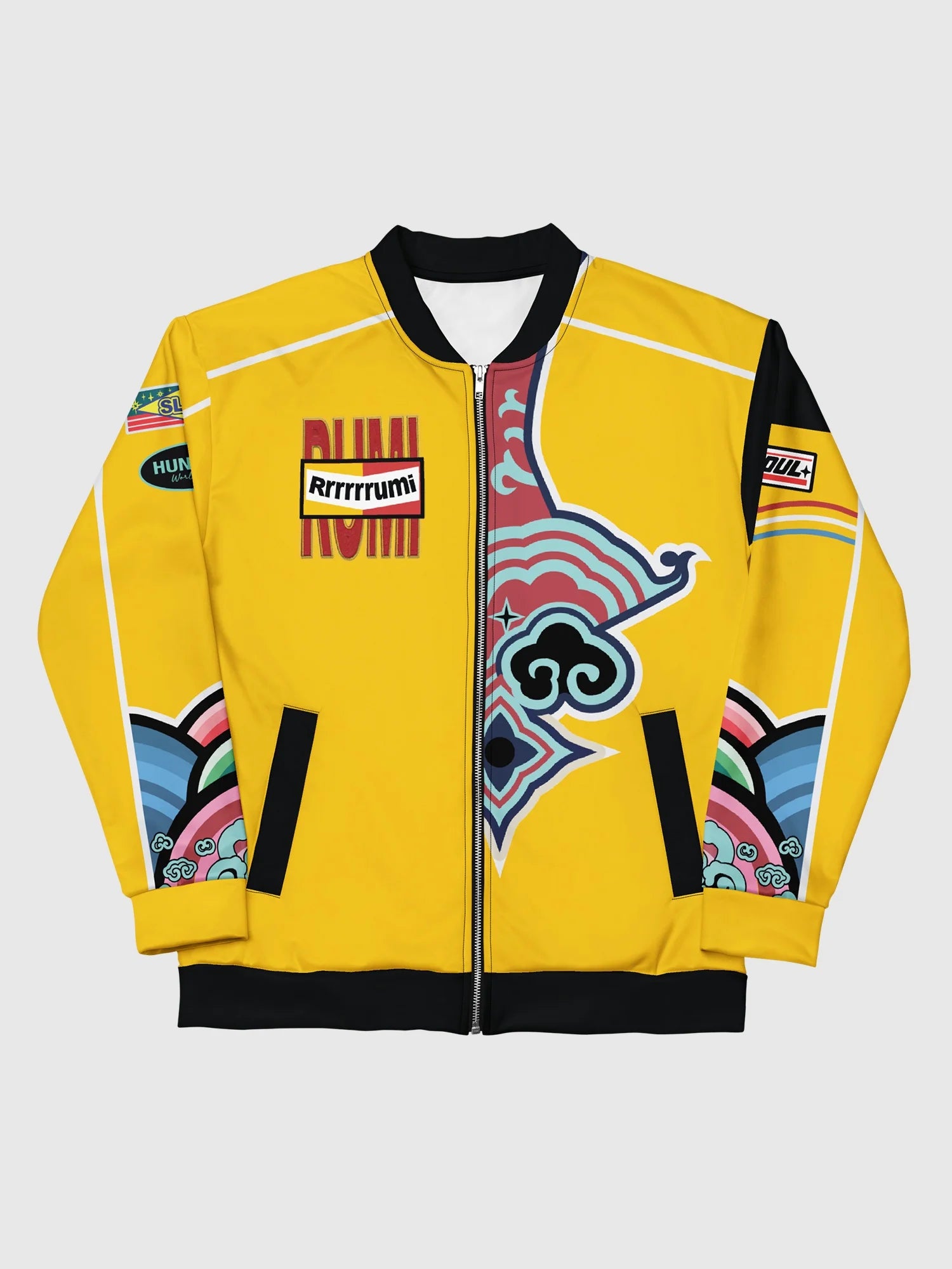 Rumi's official yellow cropped baseball jacket from K-Pop Demon Hunters featuring a vibrant unisex design