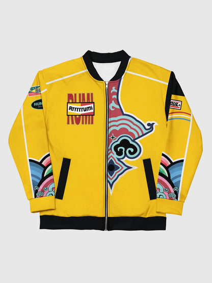 Rumi's official yellow cropped baseball jacket from K-Pop Demon Hunters featuring a vibrant unisex design