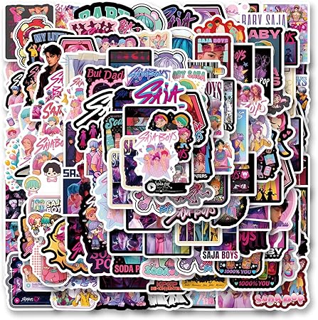 A collection of 100 waterproof vinyl stickers featuring Saja Boys characters and K-Pop Demon Hunters logos