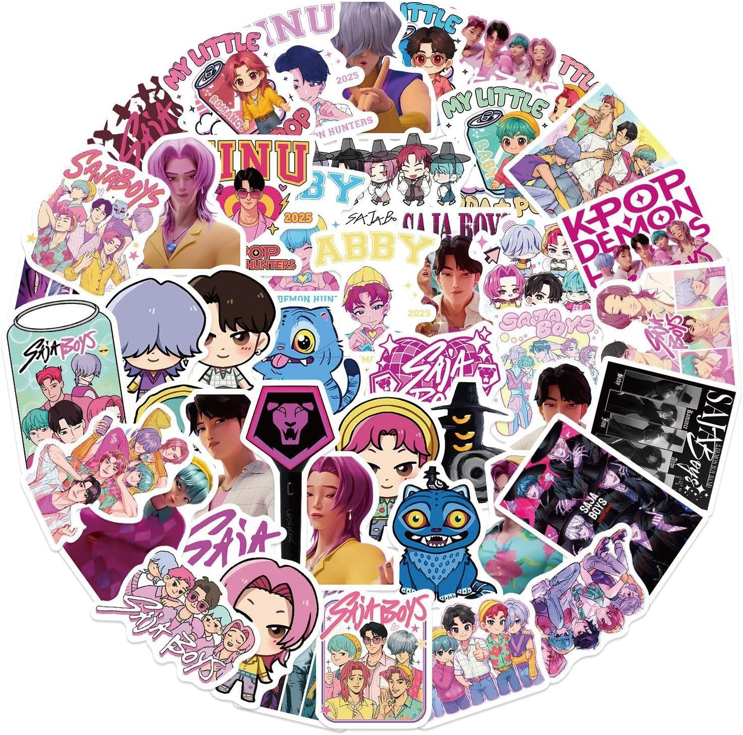 A collection of 50 unique Saja Boys waterproof vinyl stickers for laptops and water bottles featuring Jinu, Mystery, Romance, Baby, and Abby
