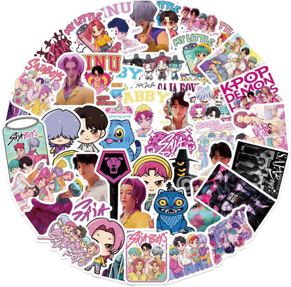 A collection of 50 unique Saja Boys waterproof vinyl stickers for laptops and water bottles featuring Jinu, Mystery, Romance, Baby, and Abby
