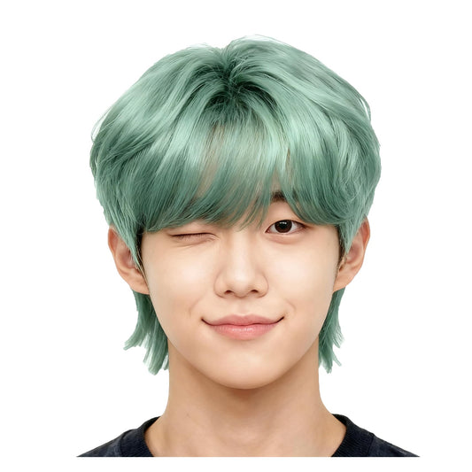 Vibrant neon green short layered cosplay wig for Saja Boys "Baby" character from K-Pop Demon Hunters
