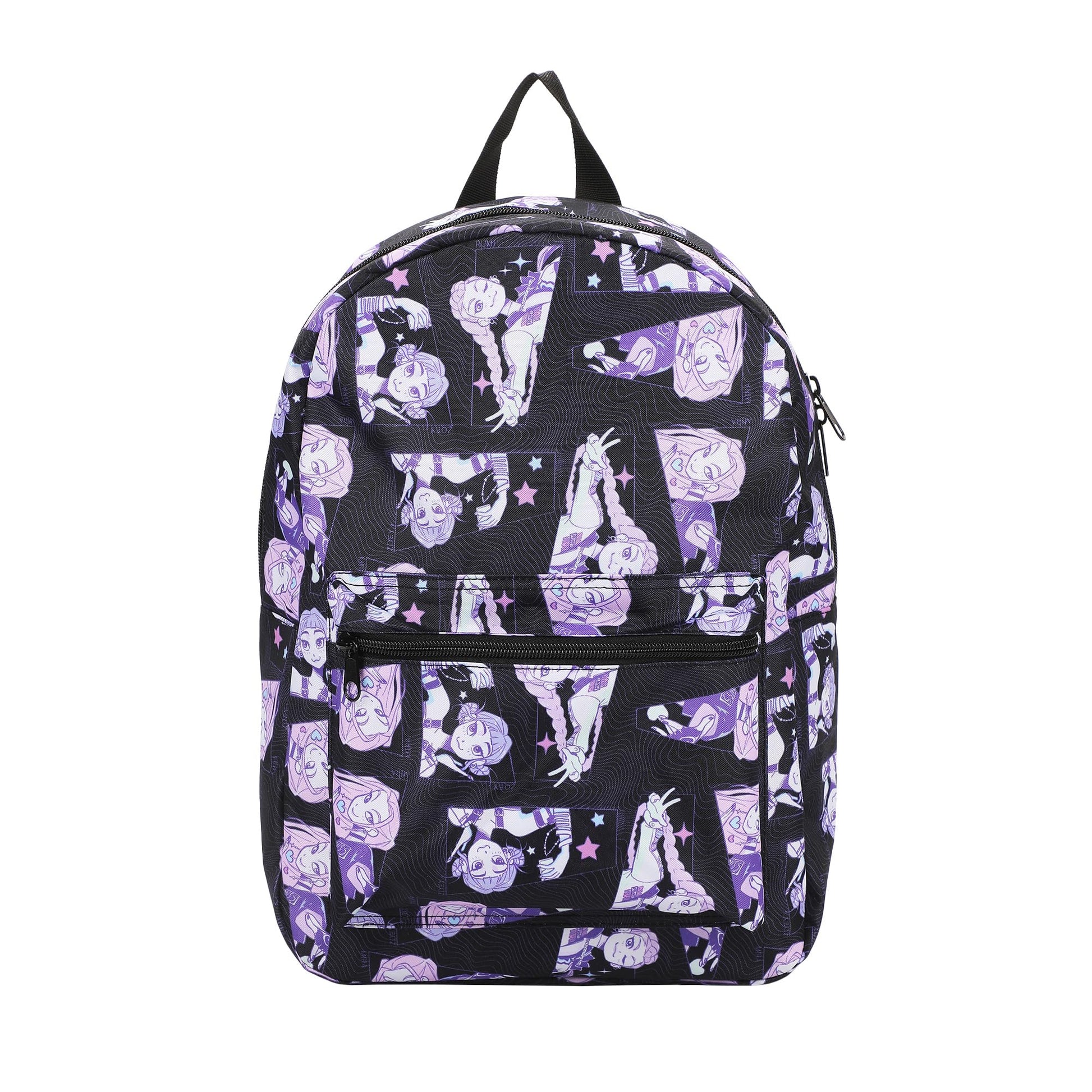 16.5-inch black backpack with all-over chibi print of the Saja Boys group from K-Pop Demon Hunters