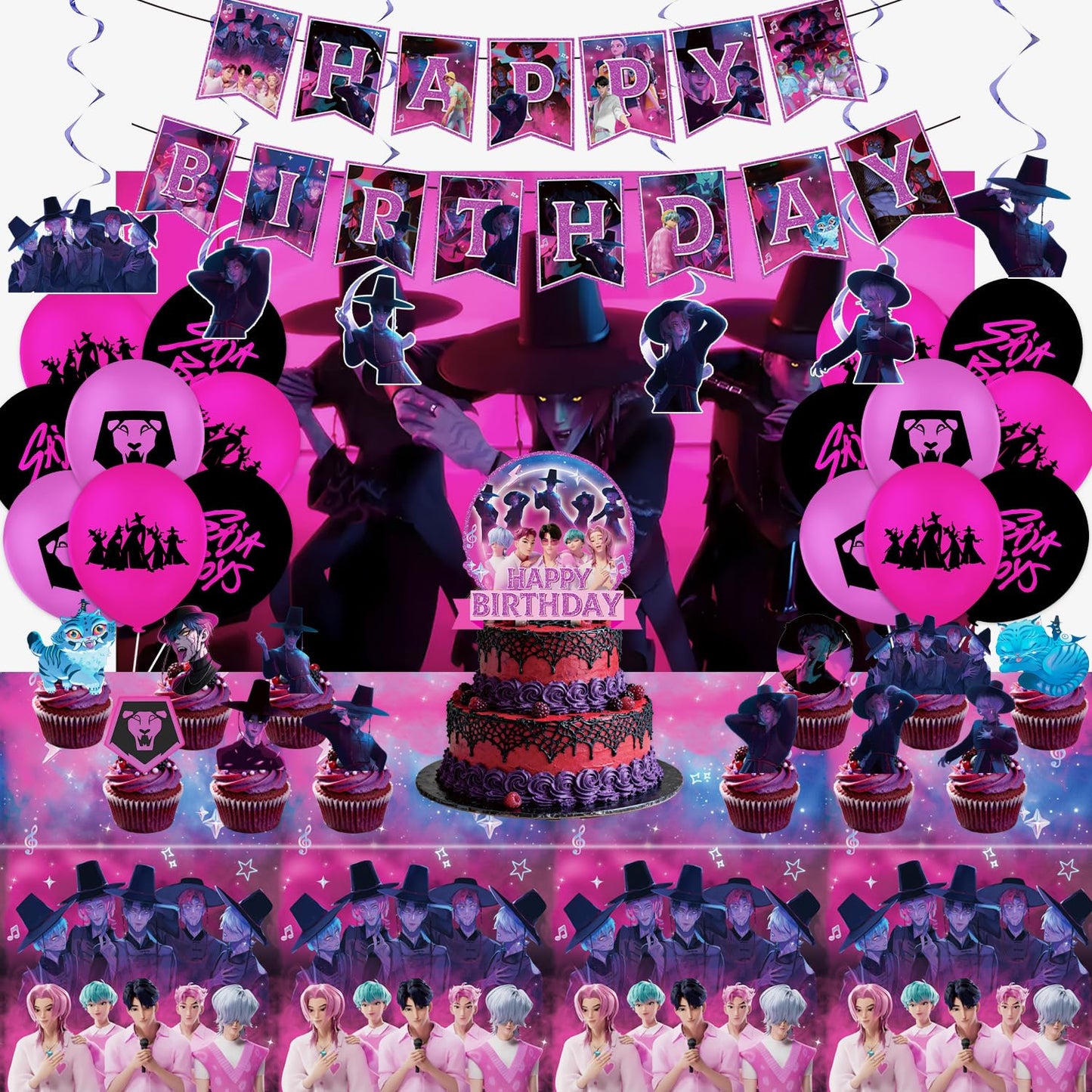 K-Pop Demon Hunters Birthday Decorations, Saja Boys Party Supplies Set Include Banner, Backdrop, Balloons, Hanging Swirls, Cake Cupcake Toppers, Tablecloth for Boys Girls Kpop Theme Party