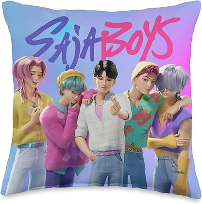 16x16 square throw pillow featuring a colorful double-sided print of the Saja Boys from K-Pop Demon Hunters