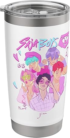 White Saja Boys Heartthrob stainless steel tumbler with Demon Hunters K-Pop design and clear slider lid