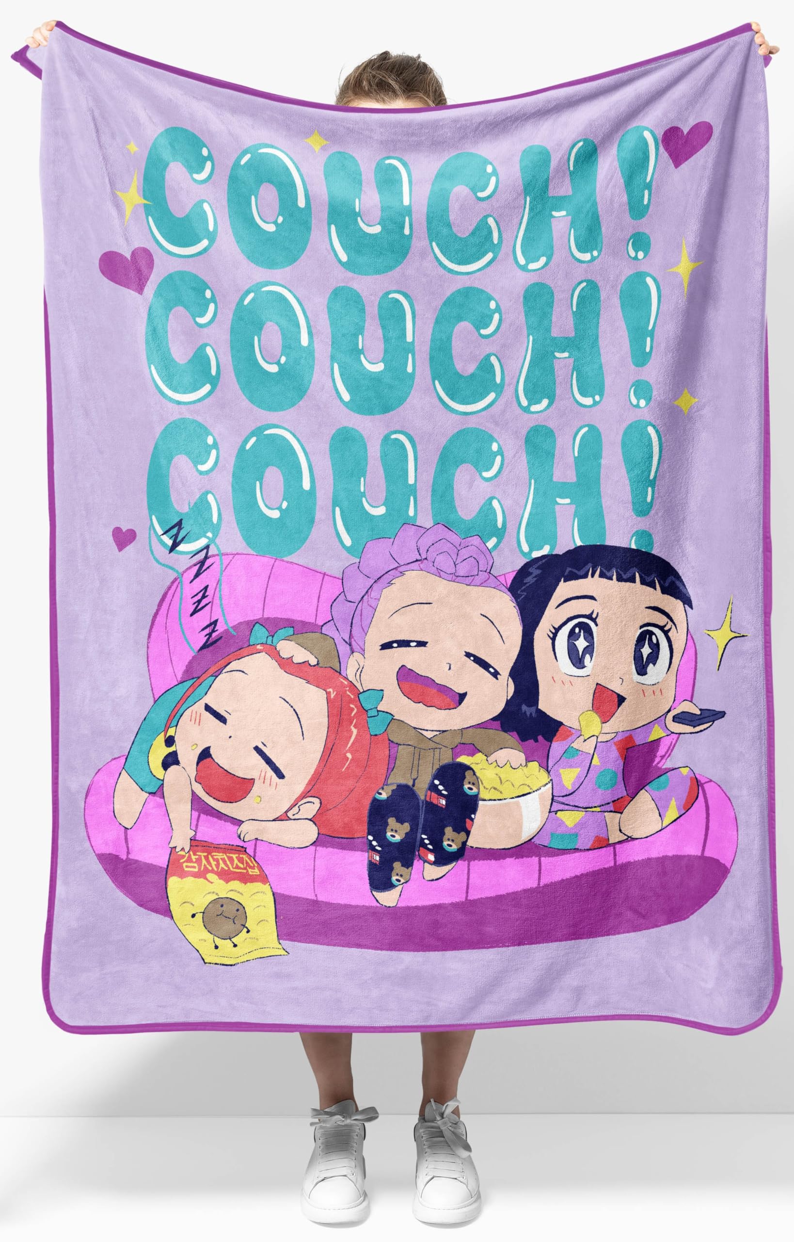 Light purple plush throw blanket with all-over chibi print of Mira, Rumi, Zoey, and the Saja Boys